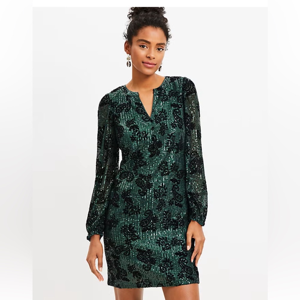 LOFT Green Sequin Button Dress